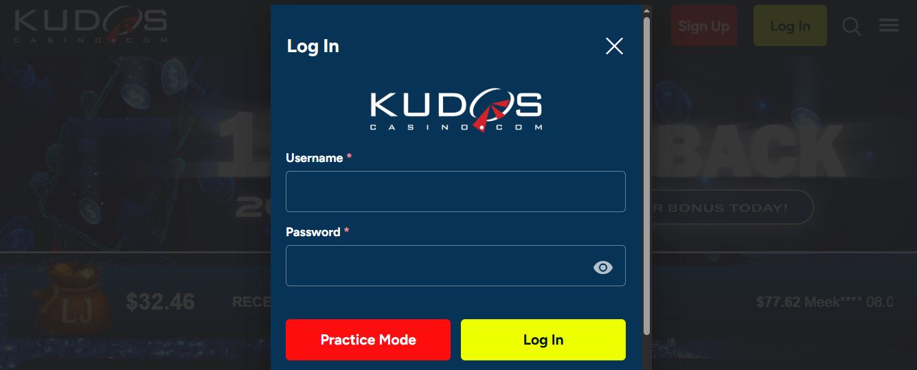 Accede a tu cuenta en Kudos Casino introduciendo usuario y contraseña