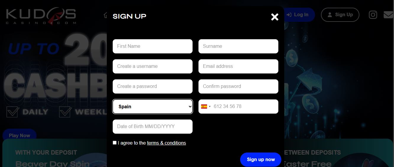 Registra tu nueva cuenta Kudos ingresando datos personales